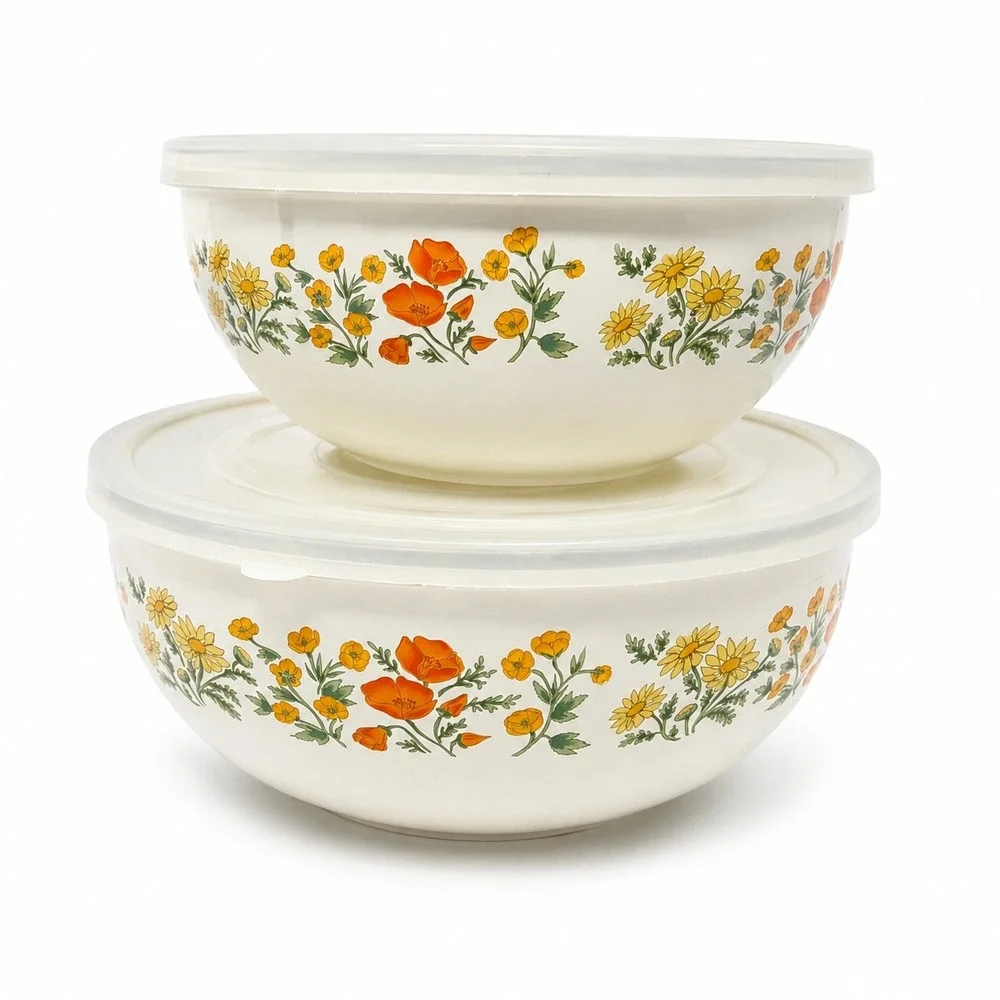 VTG Kobe Kitchen Enamel Nesting Bowls Set of 2 w/ Lids Orange Poppy Floral Japan